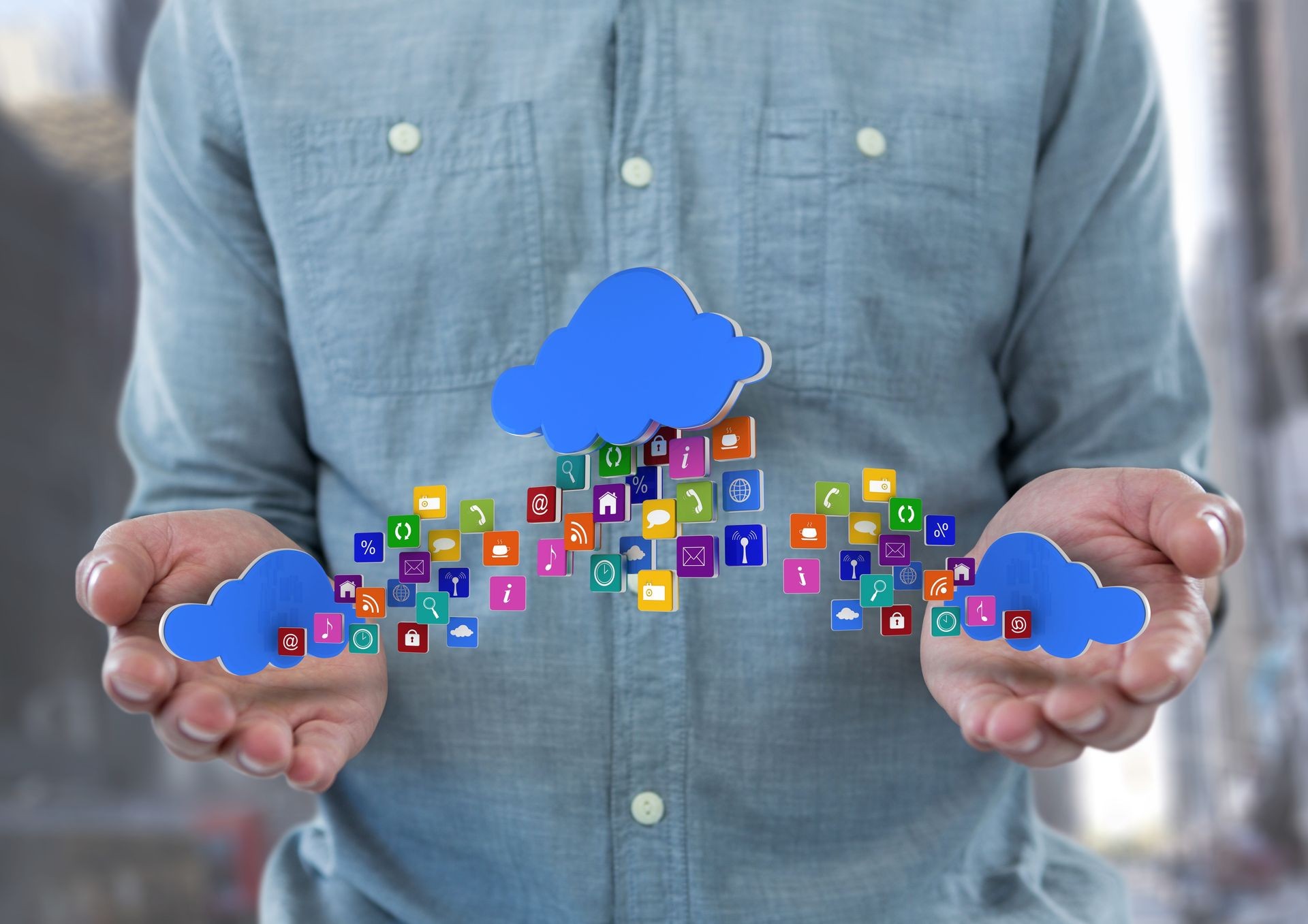 hands with phone with application icons and cloud in each hand and other one in the middle panel ove